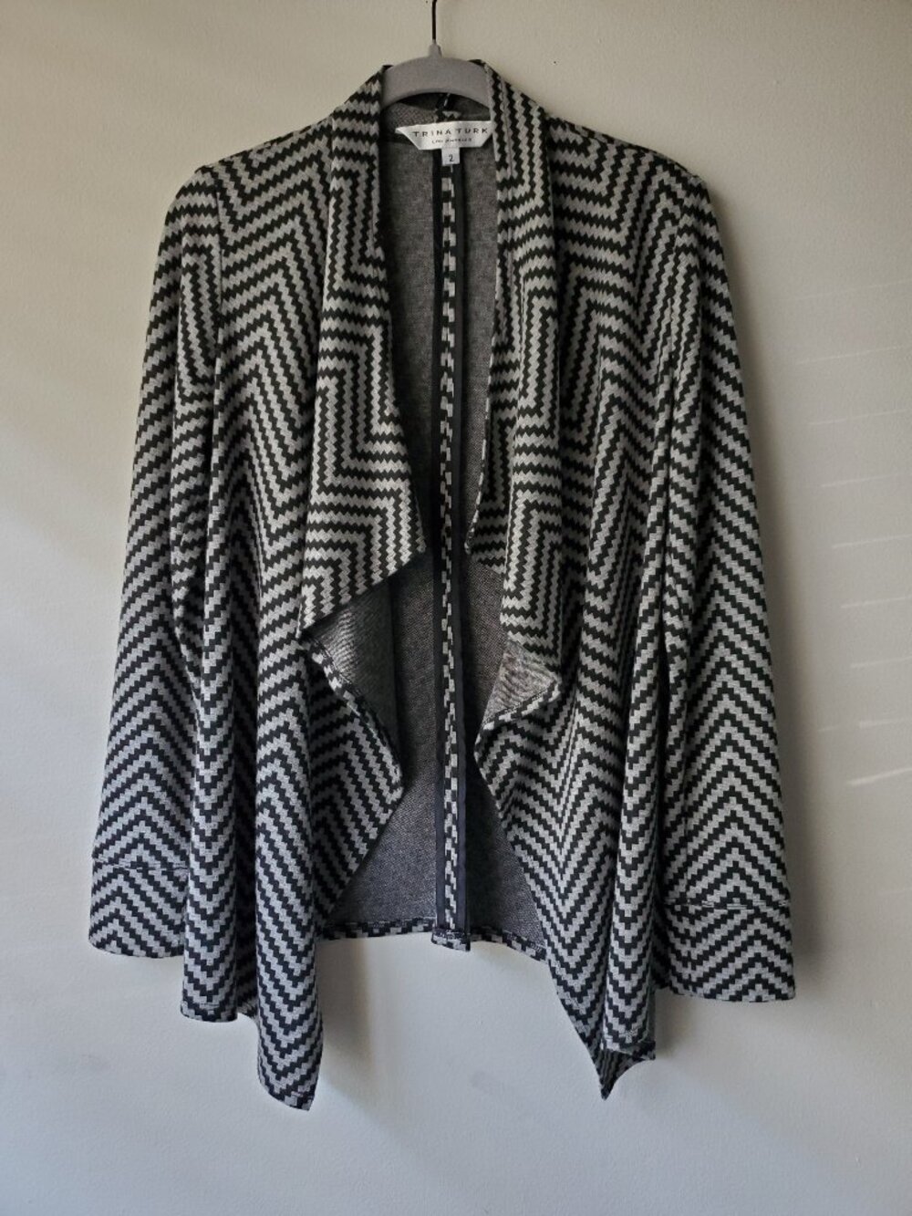 Trina Turk Gray Black Geometric Open Front Knit Cardigan Jacket 2